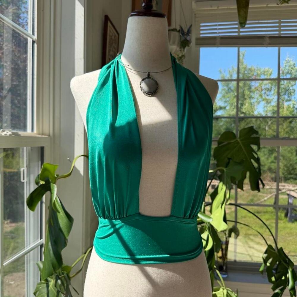 Teal Deep Plunge Halter Crop Top Small